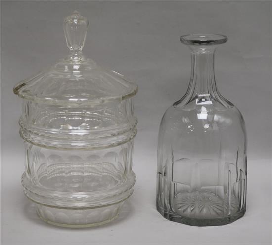 A Victorian lidded sugar bowl and a cut glass decanter (lacking stopper) tallest 33cm